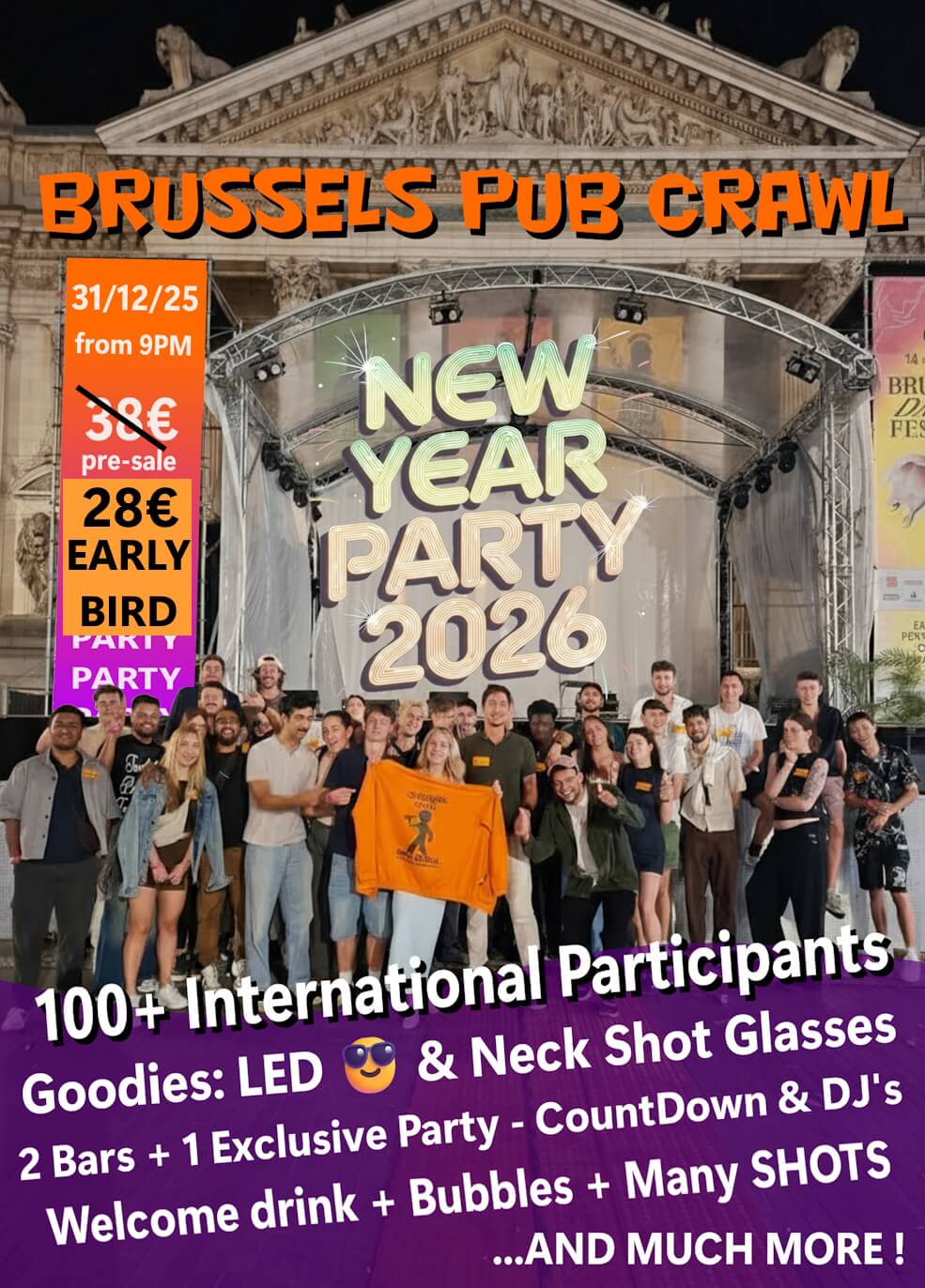 new year party 2026 in Brussels flyer with people partying in belgium